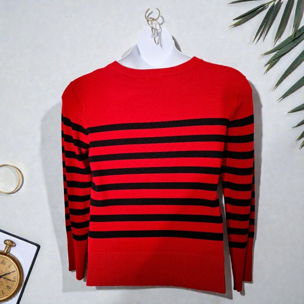Karl Lagerfeld Paris Med (8-10) Red & Black Stripe Crewneck Sweater w/ Gold Pins - Picture 15 of 15